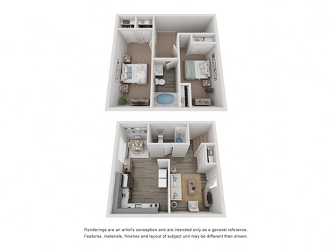 a stylized floor plan of a 2 bedroom apartment